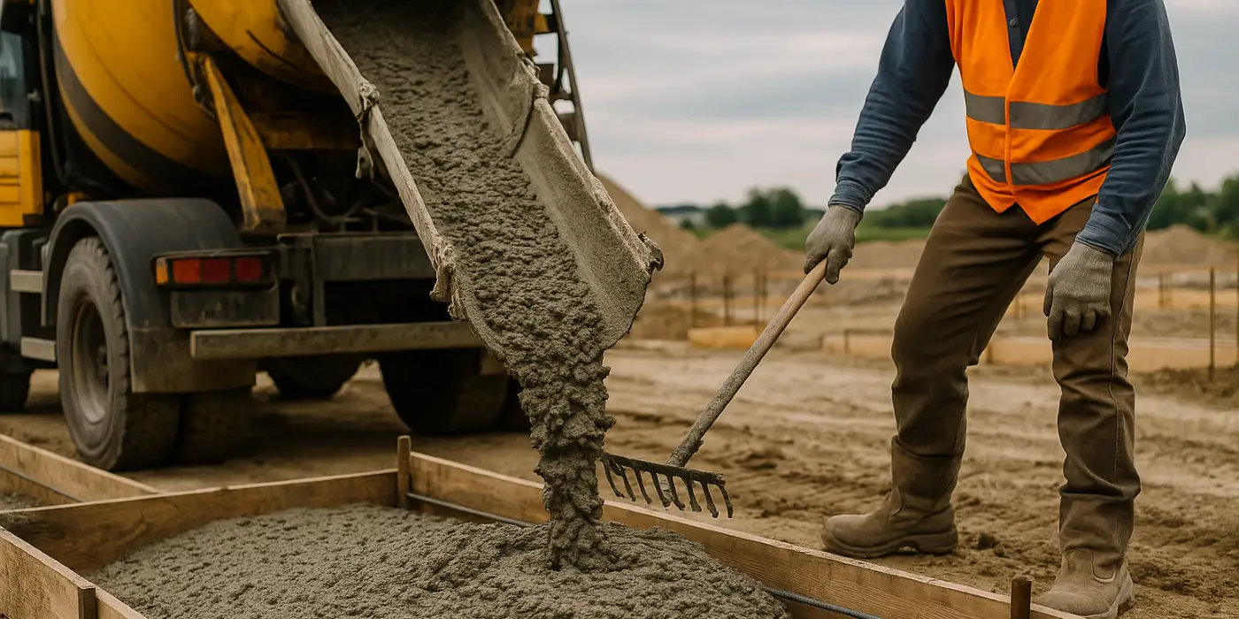 a concrete truck pouring cement on a concrete form from TMK Concrete Contractor in Austin, TX - Austin TX