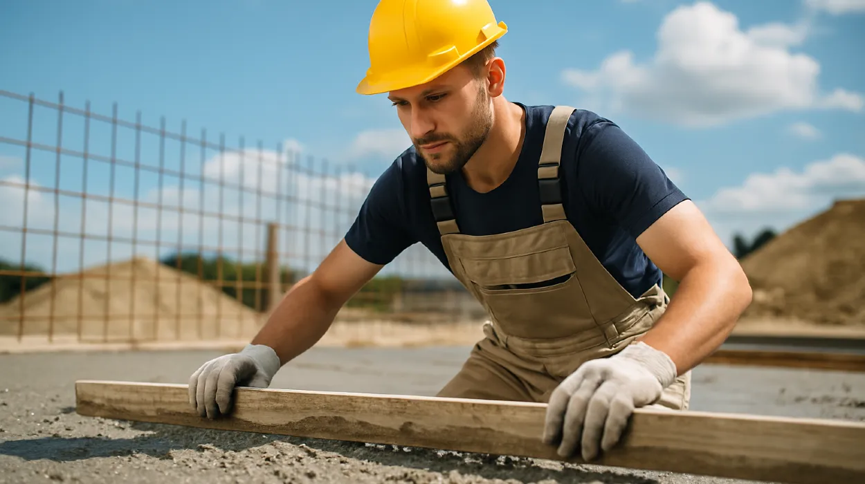 a male concrete worker spreading fresh cement on rebared ground from TMK Concrete Contractor in Cedar Park, TX - Cedar Park TX