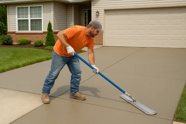 a male worker finishing a concrete driveway from TMK Concrete Contractor in Leander, TX - Concrete Contractor near me