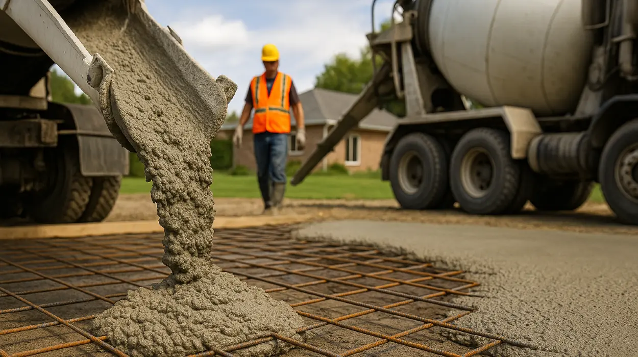 Cement truck pouring cement on a rebared ground from TMK Concrete Contractor in Leander, TX - Concrete cutting