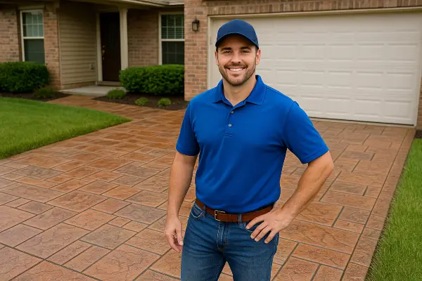 a concrete contractor smiling at the camera with stamped concrete behind him from TMK Concrete Contractor in Leander, TX - Concrete repairs a concrete contractor smiling at the camera with stamped concrete behind him from TMK Concrete Contractor in Leander, TX - Concrete repairs