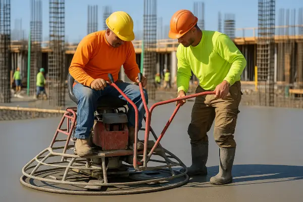 2 men using a machine to finish a concrete slab foundation from TMK Concrete Contractor in Leander, TX - Concrete sidewalk building