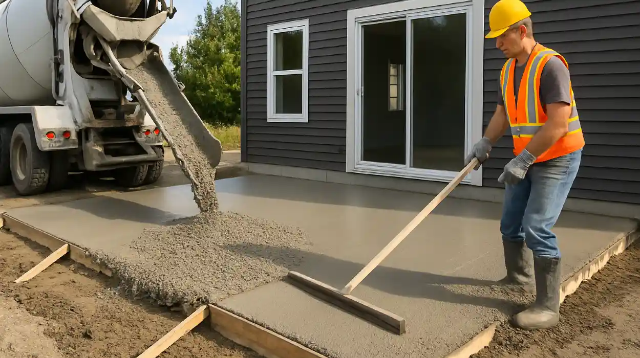 a man spreading the cement a truck is pouring to build a patio from TMK Concrete Contractor in Leander, TX - Driveway repairs