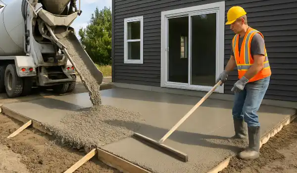 a man spreading the cement a truck is pouring to build a patio from TMK Concrete Contractor in Leander, TX - Driveway repairs