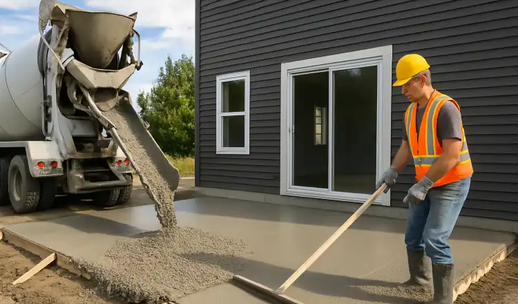 a man spreading the cement a truck is pouring to build a patio from TMK Concrete Contractor in Leander, TX - Driveway repairs