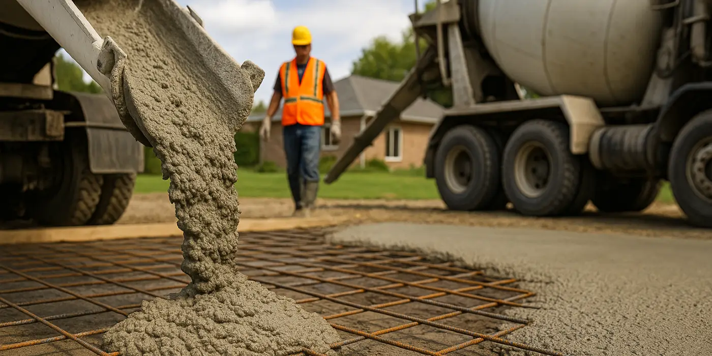 Cement truck pouring cement on a rebared ground from TMK Concrete Contractor in Round Rock, TX - Round Rock TX