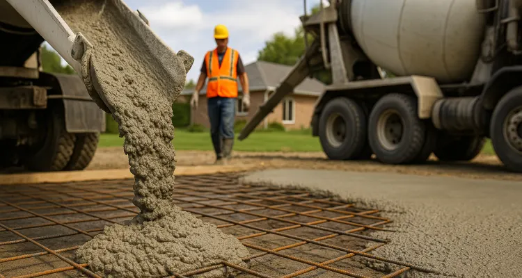 Cement truck pouring cement on a rebared ground from TMK Concrete Contractor in Round Rock, TX - Round Rock TX