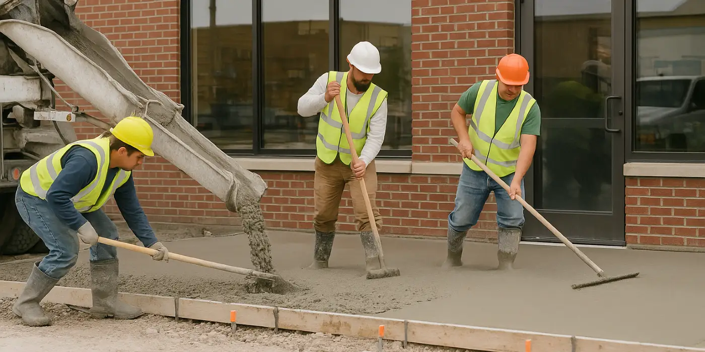 3 concrete contractors spreading concrete on the ground for a sidewalk from TMK Concrete Contractor in Leander, TX - Slab foundation building