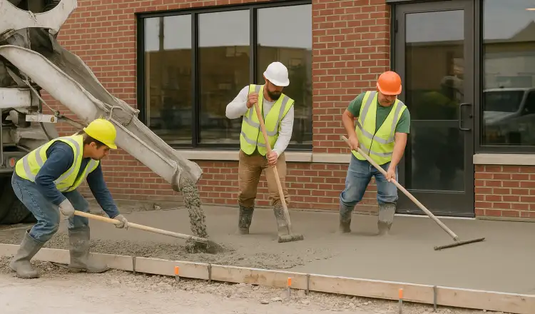 3 concrete contractors spreading concrete on the ground for a sidewalk from TMK Concrete Contractor in Leander, TX - Slab foundation building