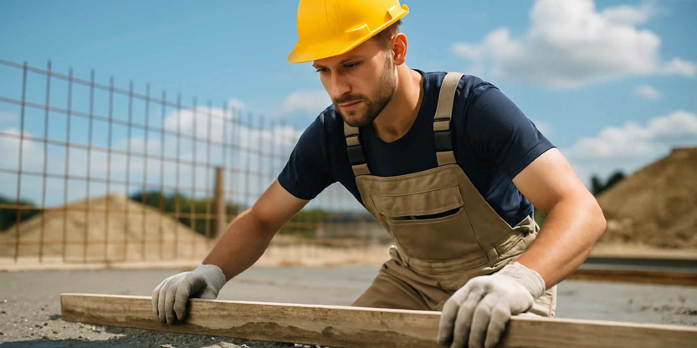 a male concrete worker spreading fresh cement on rebared ground from TMK Concrete Contractor in Leander, TX - Stamped concrete services