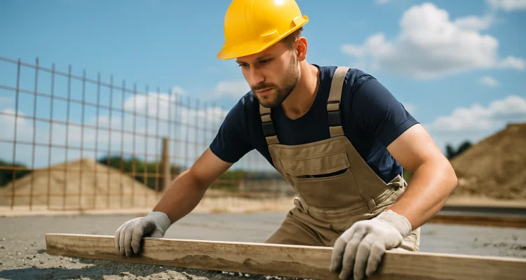 a male concrete worker spreading fresh cement on rebared ground from TMK Concrete Contractor in Leander, TX - Stamped concrete services